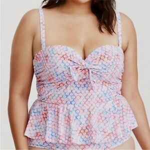 Torrid Tie Front Pink Purple Mermaid Print Tankini Bikini Top Only Size 3 3X